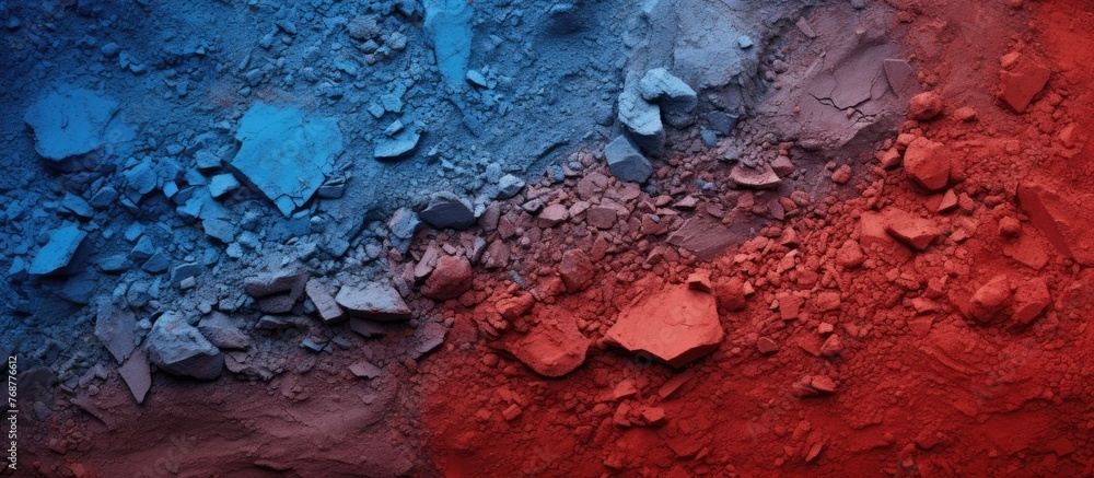 A detailed view of a textured red and blue wall constructed with stones and rocks A detailed view of a textured red and blue wall constructed with stones and rocks