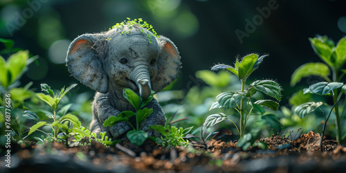 Enchanted Forest Discovery: Baby Elephant Figurine Among Lush Greenery Banner