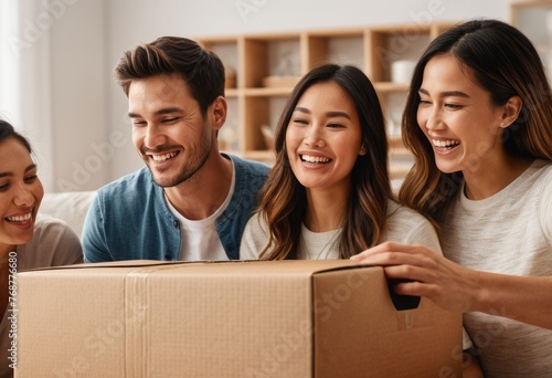 A happy couple unpacking cardboard boxes together in their new home. The atmosphere is joyful and domestic.