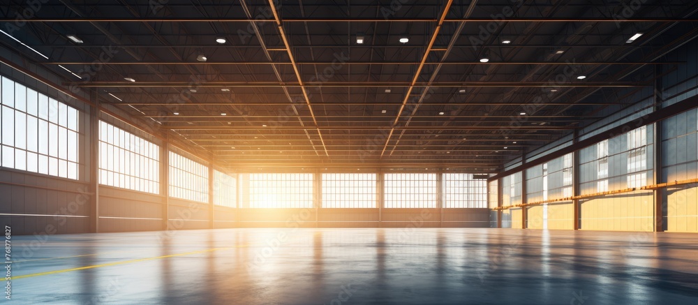 A spacious warehouse featuring an abundance of windows, allowing natural light in, and a prominent yellow line marking the floor A spacious warehouse featuring an abundance of windows, allowing natural light in, and a prominent yellow line marking the floor