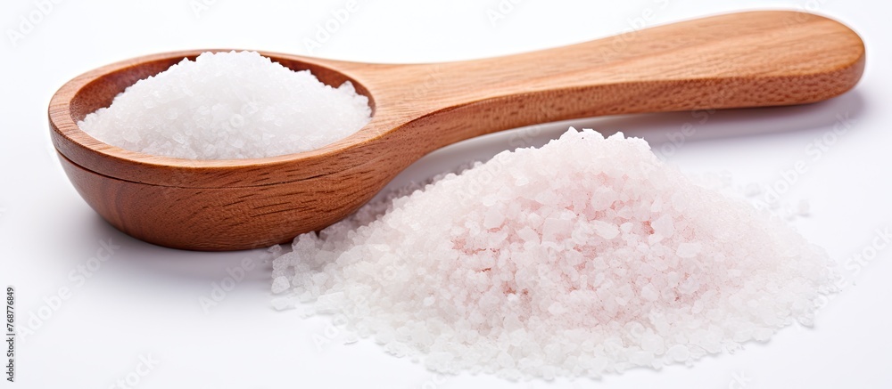 Two different wooden spoons, one with white salt and the other with pink salt, displayed on a wooden surface. Two different wooden spoons, one with white salt and the other with pink salt, displayed on a wooden surface.