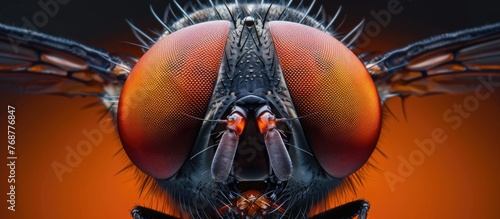 A detailed close-up of a flesh fly perched on a vibrant orange background. The fly appears to be feeding or resting on the orange surface, showcasing intricate details of its body and wings. © Emin