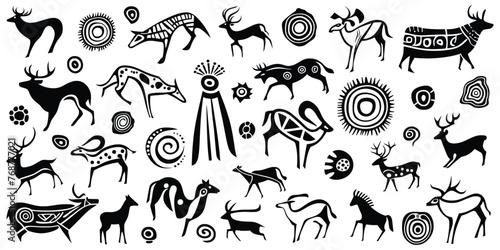 A series of petroglyphs, rock paintings, isolated on white background, vector design	