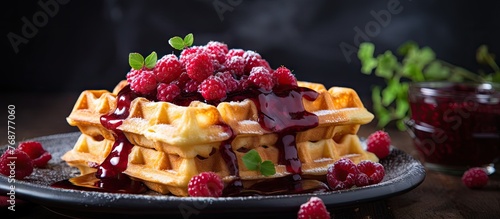 Delicious waffle served wit...