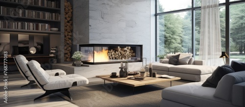 A contemporary living room featuring grey chairs  a white fireplace  and various other pieces of furniture creating a cozy and inviting atmosphere.