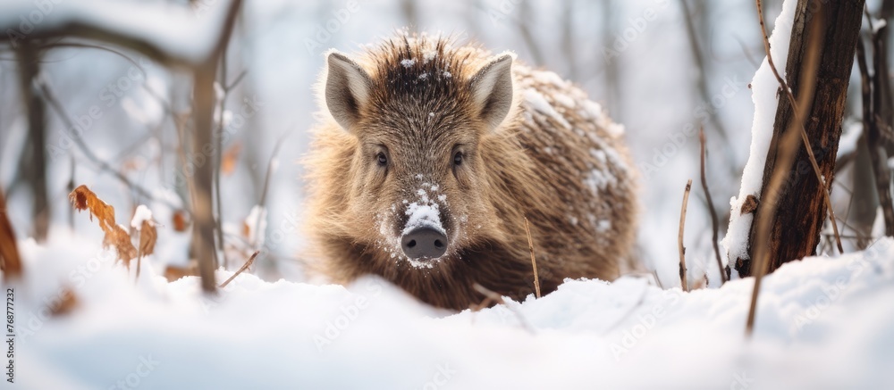 A small boar is observing its surroundings while standing in the snow-covered woods during winter