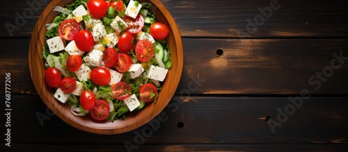 A detailed view of a bowl filled with a healthy salad consisting of bright red tomatoes and crumbled feta cheese, creating a delicious and nutritious meal option