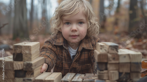 Adorable child playing with wooden blocks outdoors in an autumn forest setting.