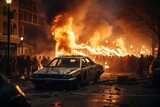 Group of People Surrounding Burning Car During Revolutionary Protests Generative AI