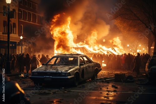 Group of People Surrounding Burning Car During Revolutionary Protests Generative AI © Johnathan