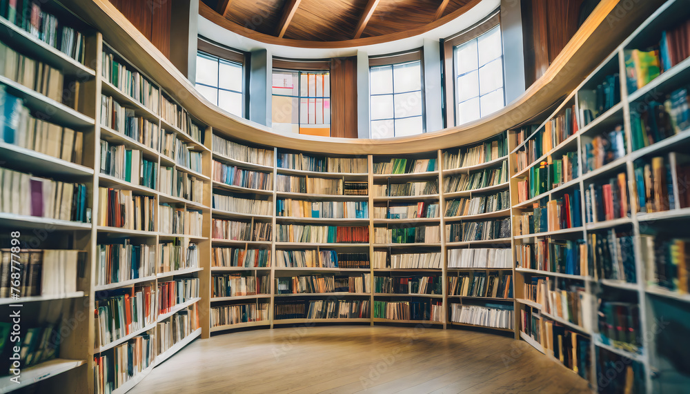 Round bookshelf in public library. Generative AI. Round bookshelf in public library. Generative AI.