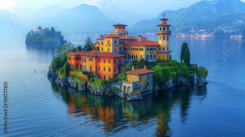 Wallpaper Mural Serene view of a colorful villa on a small island in Lake Como, Italy, during twilight with misty mountains in the background. Torontodigital.ca