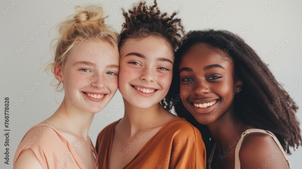 Three young women with different hair colors and textures smiling and posing closely together exuding a sense of friendship and joy. Three young women with different hair colors and textures smiling and posing closely together exuding a sense of friendship and joy.