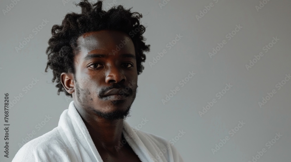 A man with curly hair and a beard wearing a white robe looking directly at the camera with a serious expression. A man with curly hair and a beard wearing a white robe looking directly at the camera with a serious expression.
