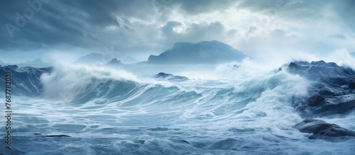 Powerful waves breaking against rugged rocks, creating a dramatic seascape with water spraying into the sky