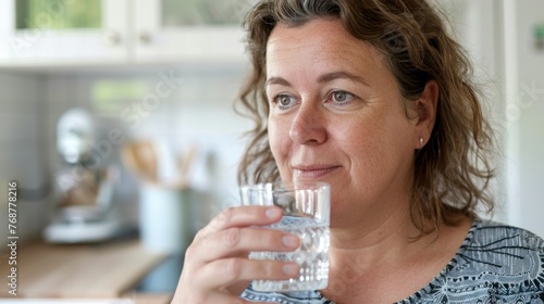 A woman with curly hair wearing a blue top drinking water from a glass in a kitchen setting.