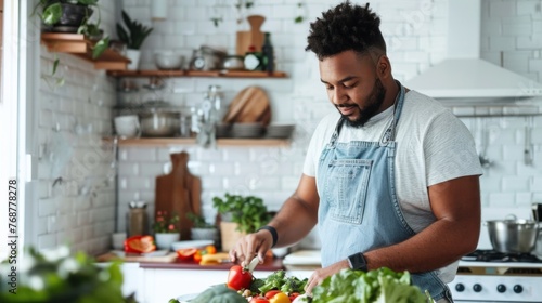 A man in a denim apron with a beard preparing a meal in a modern kitchen with white tiles and wooden accents surrounded by fresh produce and kitchenware.