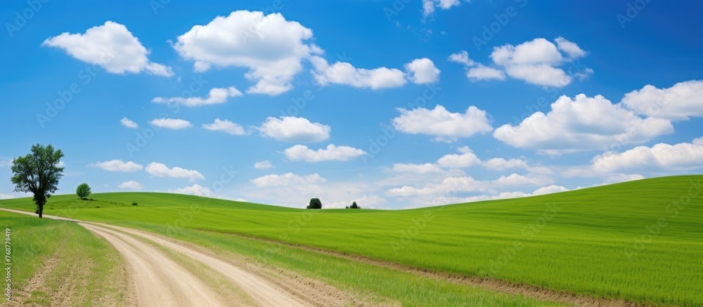 Fototapeta premium Scenic rural gravel road cutting through a vibrant green field with a single tree under the clear blue sky