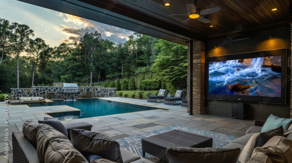 Outdoor Living Space With Large TV and Seating