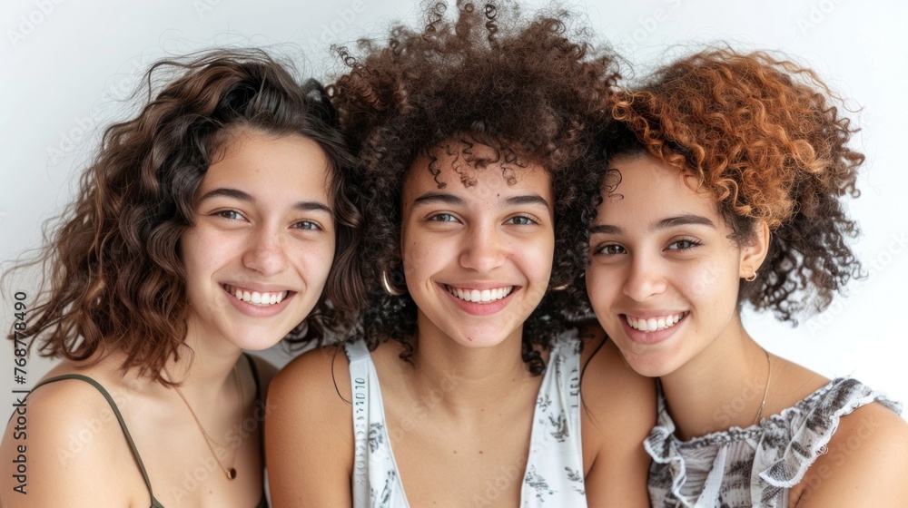 Three young women with curly hair smiling together in a close-up portrait. Three young women with curly hair smiling together in a close-up portrait.