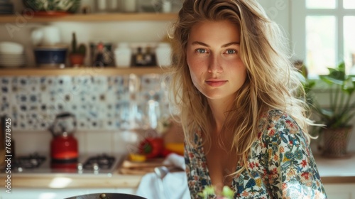 A woman with blonde hair wearing a floral top standing in a kitchen with a bright window in the background.