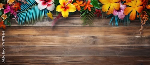 Vibrant tropical flowers displayed elegantly on an aged wooden background, adding a touch of exotic beauty to the rustic setting