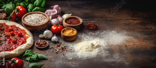 Unbaked pizza and various i...