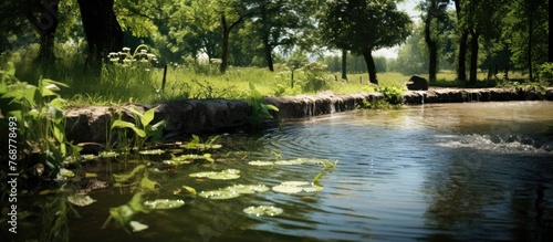 A serene pond filled with w...