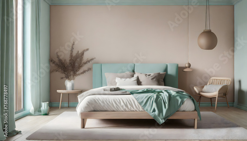 Scandinavian bedroom interior with bed in pastel beige and mint colors  3d rendering . Generative AI.