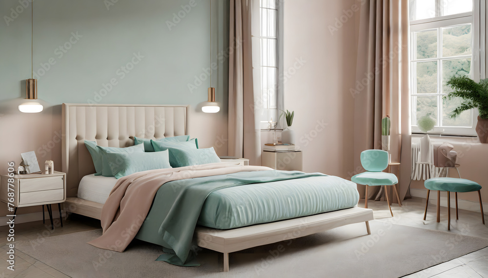Fototapeta premium Scandinavian bedroom interior with bed in pastel beige and mint colors, 3d rendering . Generative AI.