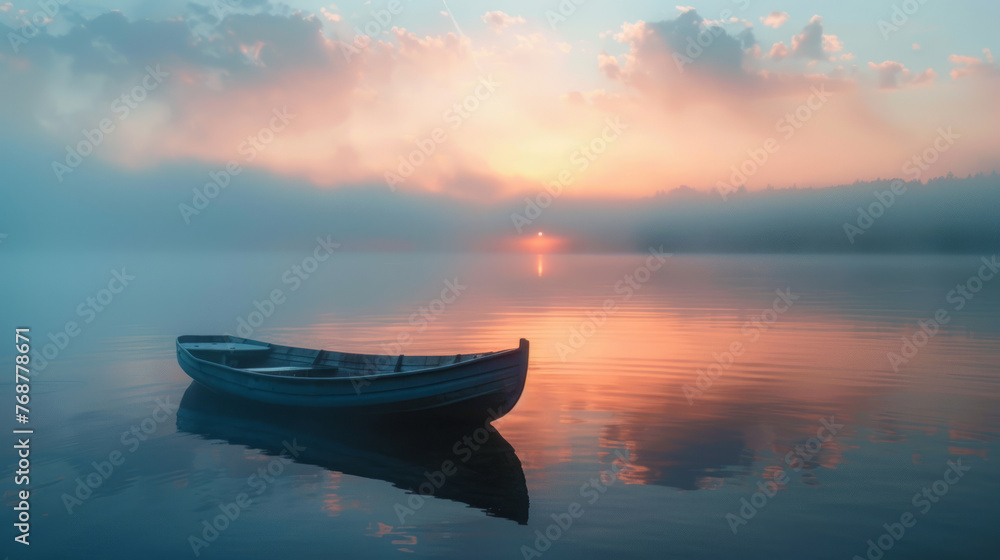 A captivating boat scene with dramatic sunrise colors peaking through the mist over a serene lake