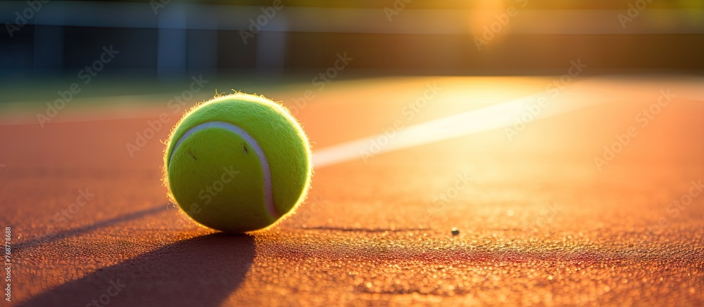 A close-up shot of a tennis ball placed on the tennis court with the sun setting in the background, creating a mesmerizing scene