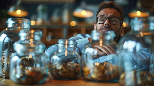 Thoughtful man with glasses behind jars of coins, symbolizing investment, savings, or financial contemplation.