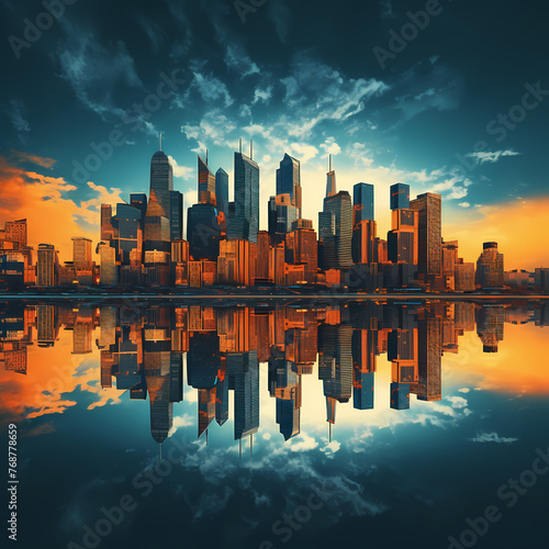 Abstract city skyline with mirrored buildings.