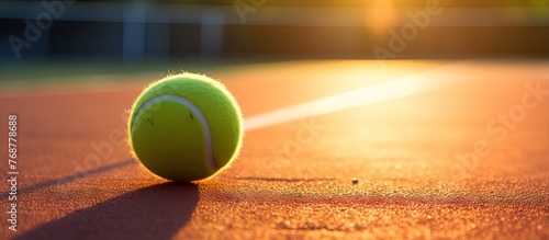 A close-up shot of a tennis ball placed on the tennis court with the sun setting in the background, creating a mesmerizing scene photo