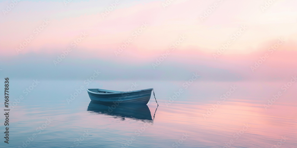 A serene scene of a boat on a lake under a soft pastel sunrise, invoking tranquility and calmness A serene scene of a boat on a lake under a soft pastel sunrise, invoking tranquility and calmness