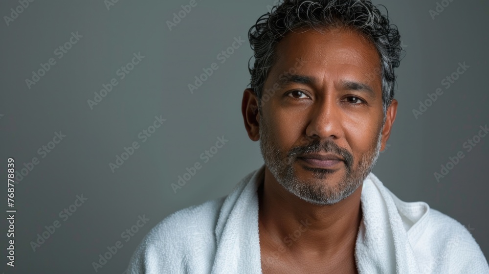 Obraz premium A man with a beard and graying hair wearing a white towel gazing off to the side with a thoughtful expression.