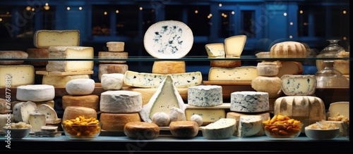 A wide variety of cheeses like blue cheese and camembert are showcased in a French shop with other dairy products