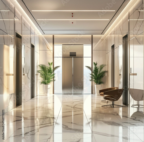 a modern and bright office lobby, elevator with open doors, modern interior design 
