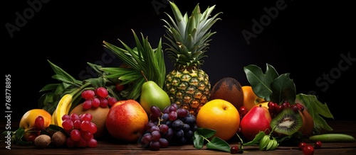Fototapeta Naklejka Na Ścianę i Meble -  Assorted tropical fruits like mango, pineapple, and papaya arranged in a pile on a rustic wooden table
