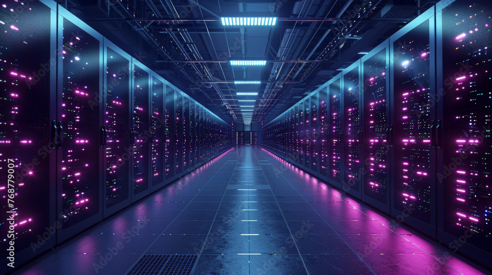 A data center with rows of virtual machines, Computer networking server room in office