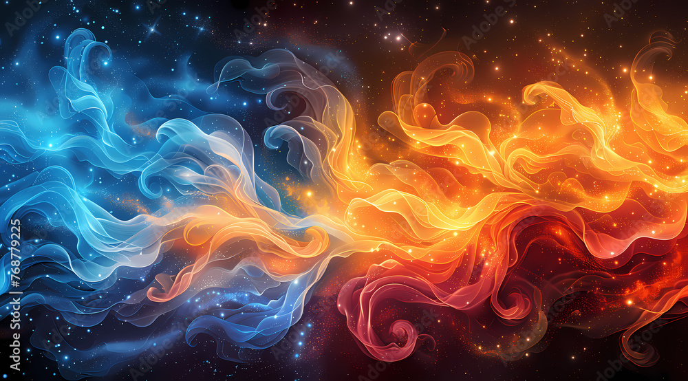 Abstract background; Silk and flames; Blue, orange, red, white, purple color; Smoke - obrazy, fototapety, plakaty 