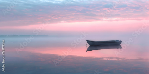 A tranquil lake scene with a single boat set against a soft pink sunrise, embodying peace and stillness © road to millionaire