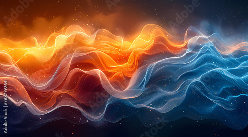 Abstract background; Silk and flames; Blue, orange, red, white, purple color; Smoke