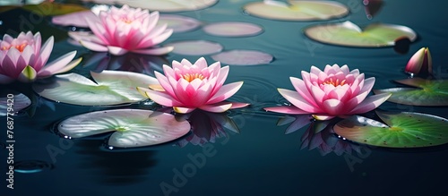 Numerous pink water lilies ...