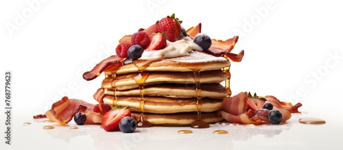 A close-up view of a delicious stack of fluffy pancakes topped with sweet syrup and colorful fresh fruits. A tasty breakfast spread with pancakes and crispy bacon on a white background. photo