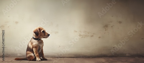 A young canine resting on the ground while peering upwards attentively with curiosity photo