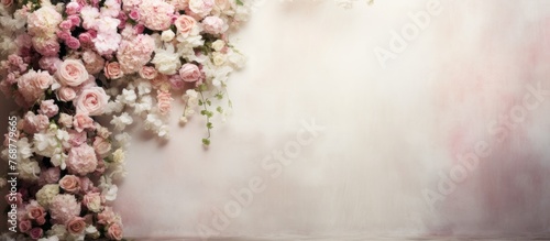 Colorful flowers bloom alongside a clock hanging on a stylish wall with a lovely wedding-themed display photo