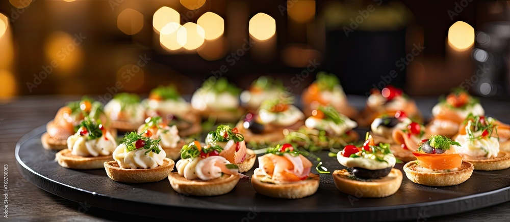 A detailed view of a plate filled with a variety of small appetizers, arranged neatly at a banquet in a restaurant