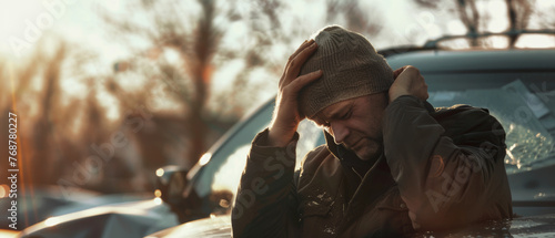 Distraught man holding his head by a car during sunset, portraying stress or misfortune.